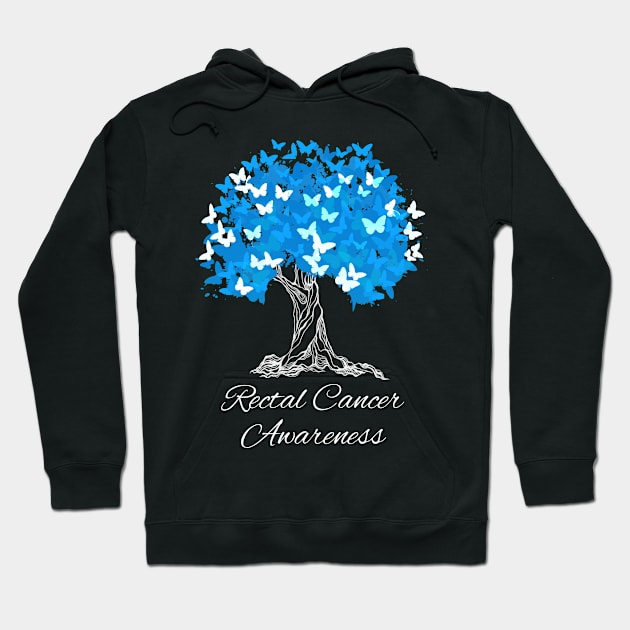 Rectal Cancer Awareness Blue Ribbon Tree With Butterflies Hoodie by MerchAndrey